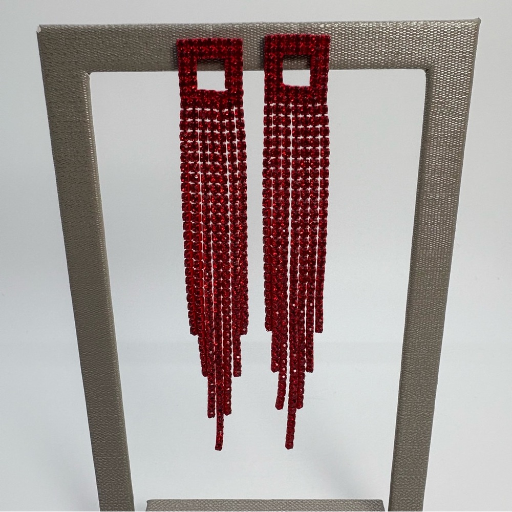7 Row Red Crystal Rhinestone Dangle Fringe Earrings